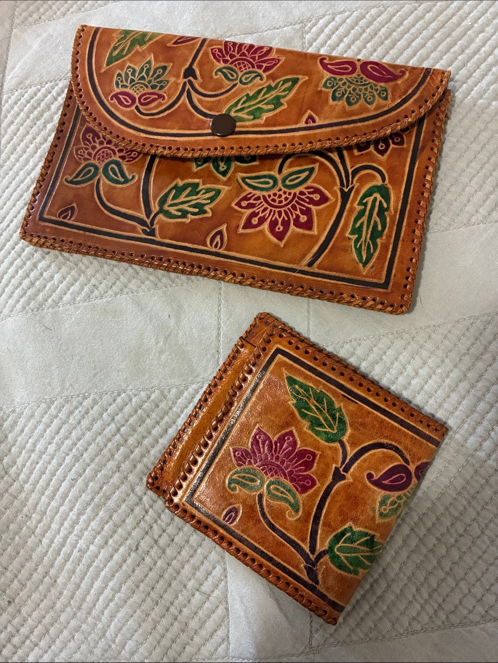 Genuine Leather Hand-tooled vintage clutch with matching wallet
